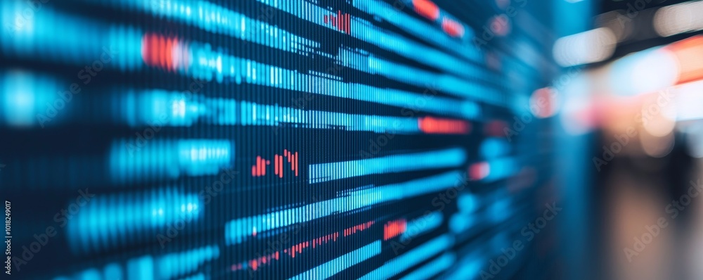 Poster abstract digital data visualization with blue and red lines on a dark background.
