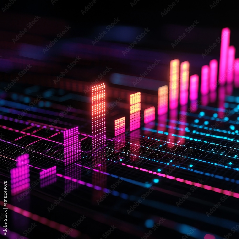 Poster abstract digital graph with colorful bars on a dark background, modern visual representation.