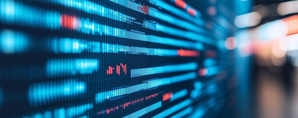 Abstract digital data visualization with blue and red lines on a dark background.