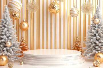 White Round Pedestal with Gold Christmas Ornaments and Trees