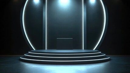 Circular Stage with Neon Lights and a Platform in a Dark Room