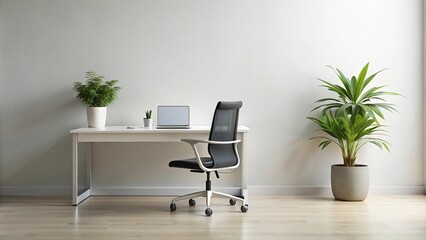 Minimalist workspace desk chair plant greenery