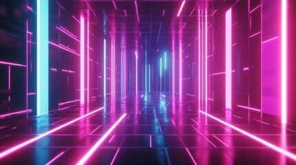 Neon Lights Illuminate a Dark and Geometric Corridor