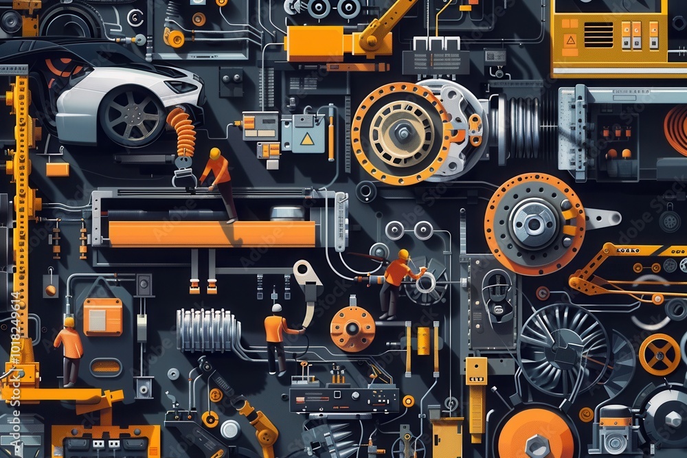 Poster a team of workers operates machinery to manufacture various components for vehicles in a sophisticat