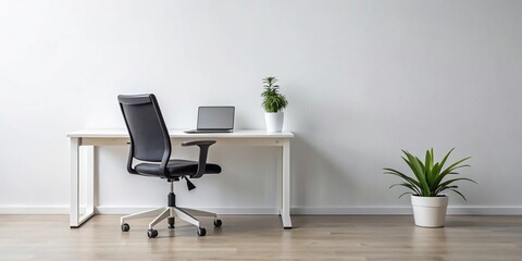Minimalist workspace with black desk, white chair, and plant