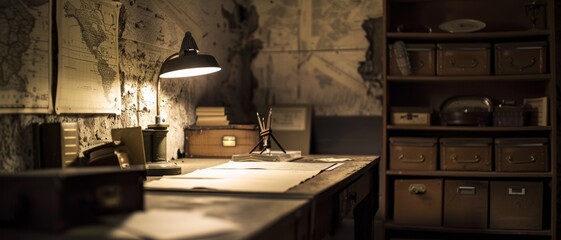 A dimly lit, cozy study adorned with historical maps, a lit lamp casts a warm glow on a worn desk surrounded by stacks of books and wooden drawers.