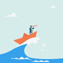 Character surfing the sea waves on a paper boat. Deal with crises with patience and foresight. Vector illustration.
