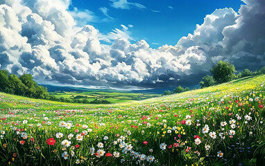 Fototapeta premium Nature Beneath the Cloudscape A Stunning Meadow Serene. Generative AI