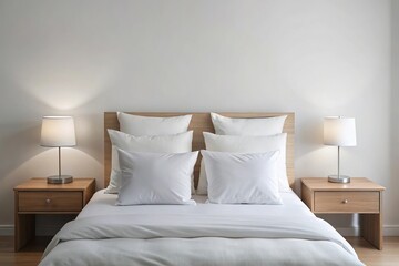 Minimalistic bedroom with four white pillows and a nightstand