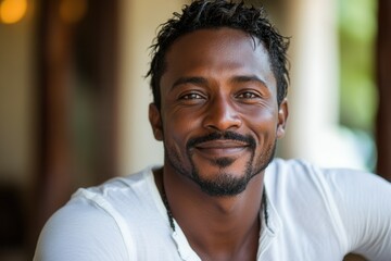 Fototapeta premium A cheerful man with curly hair and a confident expression sits comfortably, showcasing his friendly demeanor. The warm indoor lighting enhances the inviting atmosphere, making it a moment of genuine c