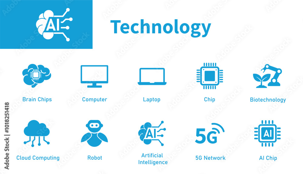 Poster technology icon. set of solid vector symbols on artificial intelligence, future technology, chips, c
