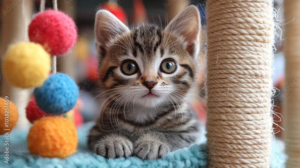 Poster a playful kitten resting on a soft surface with colorful toys.