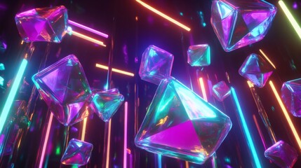 Holographic Geometric Shapes Floating Amidst Neon Lights