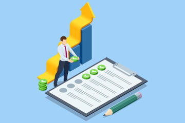 Isometric economic growth and Analytics. Profit Money or Budget. Employees making Investing Plans and calculating Benefits. Operations management discussing marketing projects. Data analysis.