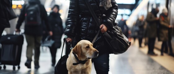 Amidst the hustle of a station, a traveler with a guide dog navigates through a crowd, exemplifying independence and trust.