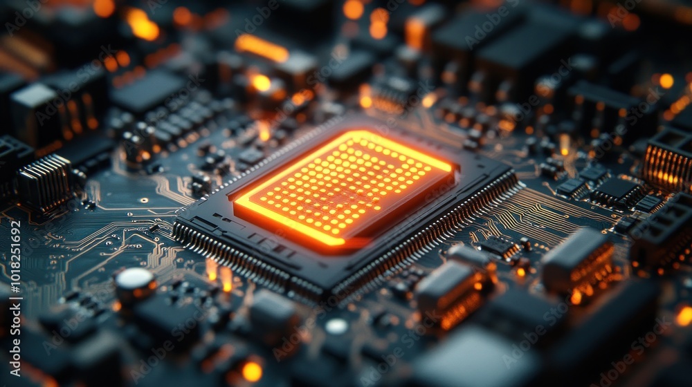 Poster close-up of a glowing microprocessor on a circuit board.