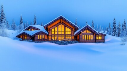 Luxury mountain retreat with wooden facades and large windows, nestled in snow-covered trees, cozy interior lighting, 3D rendering