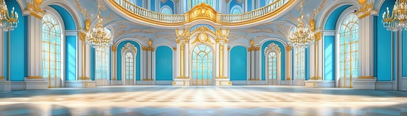 Obraz premium Baroque palace with lavish interiors, chandeliers, and golden detailing, dramatic lighting, photorealistic