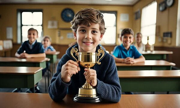 Happy child student with a trophy in class.