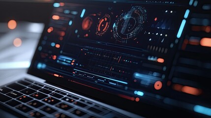 Obraz premium Close-up of a laptop screen with a smart digital interface, featuring futuristic holographic elements and data visuals
