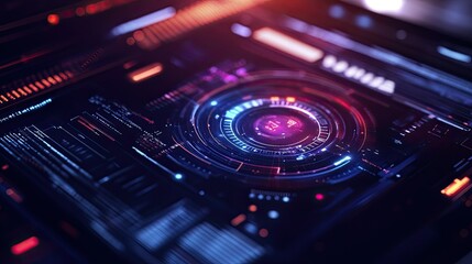 Close-up of a laptop screen with a smart digital interface, featuring futuristic holographic elements and data visuals