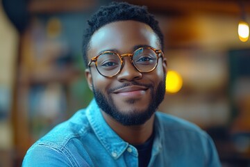 Fototapeta premium A young man wearing round glasses smiles warmly at the camera while sitting in a cozy cafe. He exudes a friendly demeanor, with soft lighting creating an inviting atmosphere during a relaxed afternoon