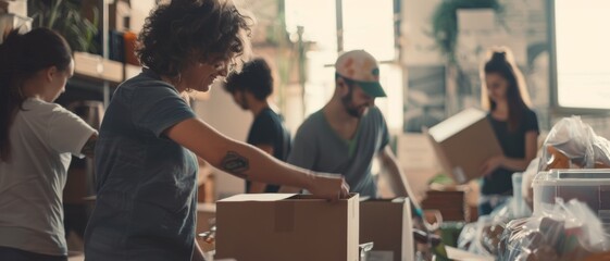 Group of volunteers enthusiastically pack boxes in a bright community space, radiating teamwork and purpose.