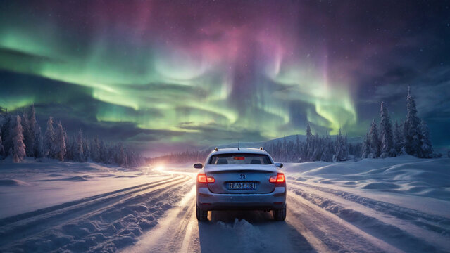 Car on Snowy Road Beneath Northern Lights – Stunning Winter Aurora Borealis Scene.
