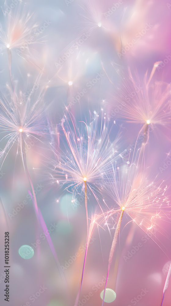 Poster Colorful dandelion-like fireworks explode in a dreamy sky, blending soft hues and sparkling lights, creating a magical and whimsical atmosphere