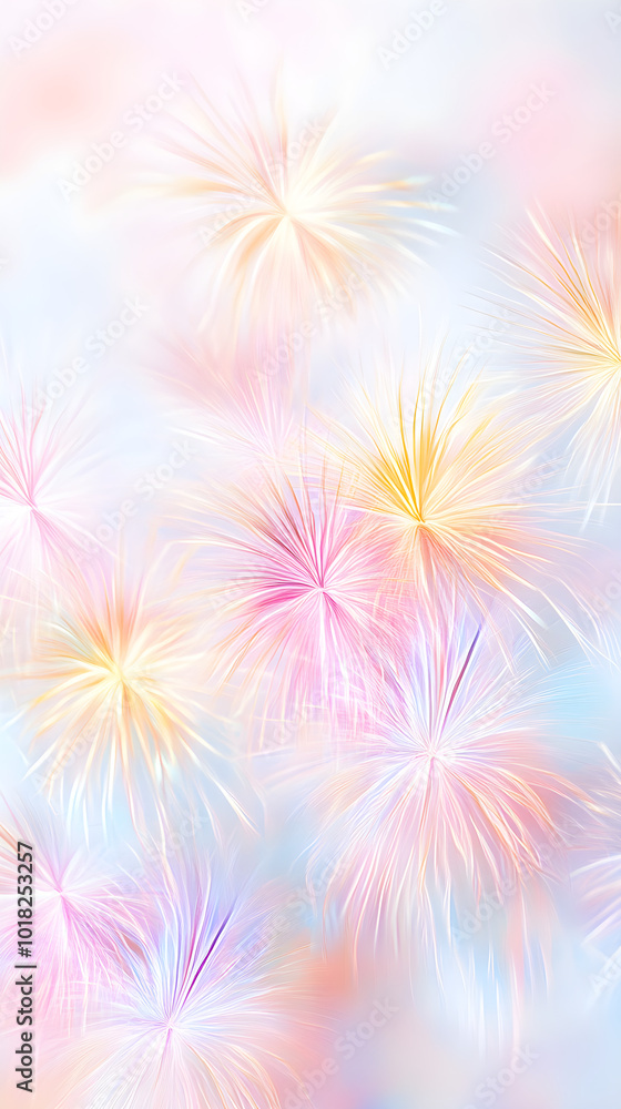 Poster colorful abstract fireworks explode in the sky, creating a vibrant display of pastel hues and soft l