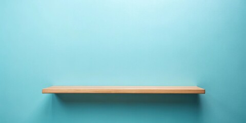 minimalistic light blue background with wooden shelf
