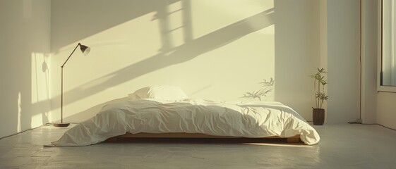 Sunlit minimalist bedroom with a cozy atmosphere, featuring clean white bedding and a modern floor lamp, radiating tranquility.