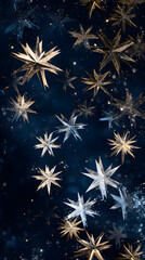 Abstract gold and silver stars twinkling against a dark blue background create a magical, festive atmosphere