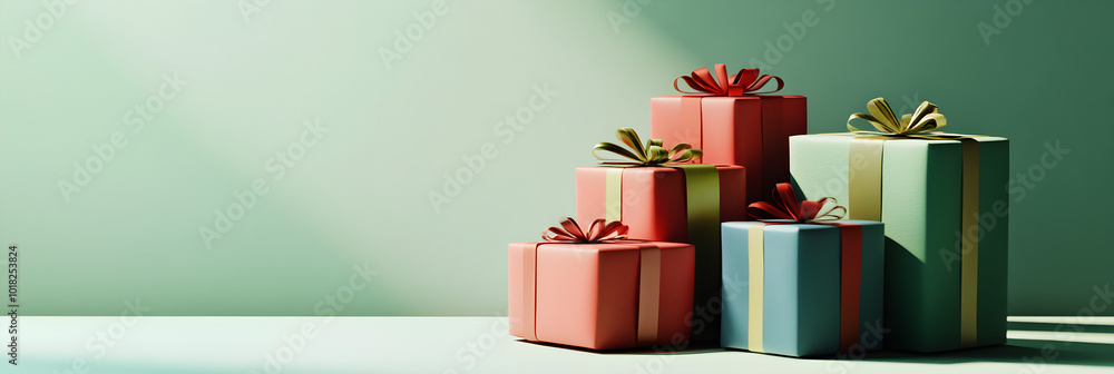 Poster abstract illustration of colorful christmas presents stacked with ribbons and bows casting soft shad
