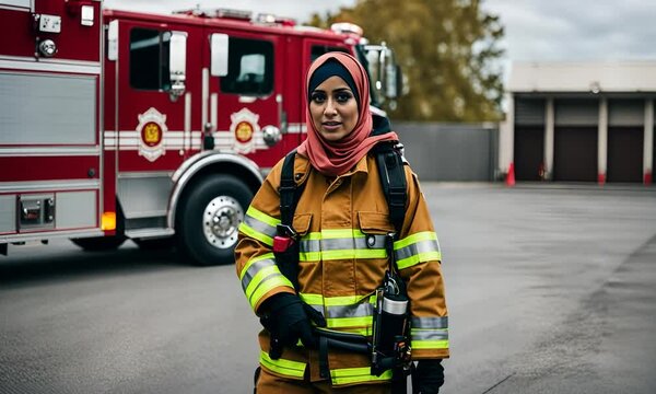 Muslim Woman firefighter at the fire station.