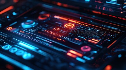 Fototapeta premium Close-up of a sleek laptop showing a digital futuristic interface, with vibrant technology symbols floating on the screen