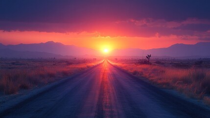 Fototapeta premium A serene sunset over a long, empty road in a desert landscape.