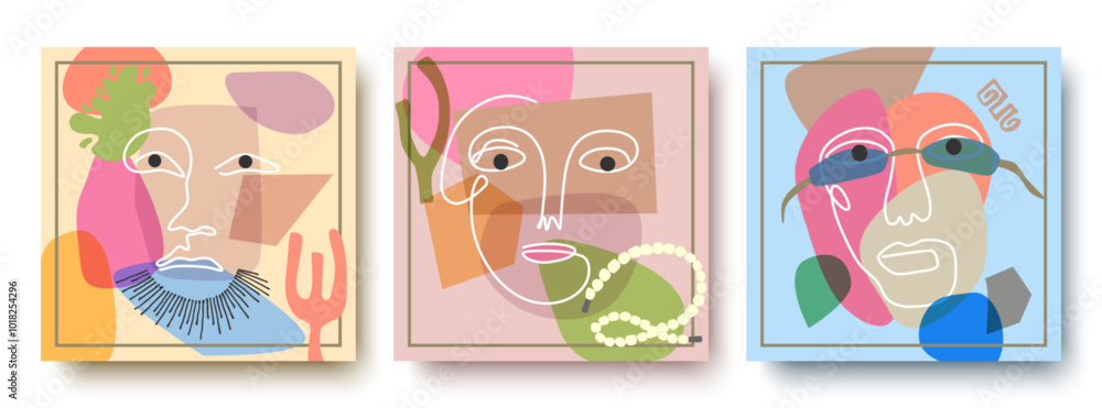 Poster colorful abstract background of faces. vector design of geometric shapes and lines in the cubist sty