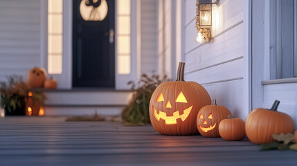 A spooky, moonlit Halloween night scene featuring a large, glowing jack-o'-lantern on a terrace of an old houses.