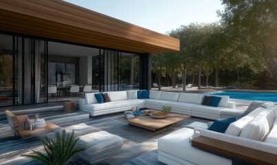 Fototapeta premium A modern outdoor patio with a white sectional sofa, a coffee table, and a swimming pool in the background.