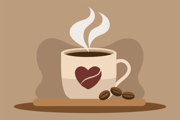 Obraz premium White coffee cup with heart design, filled with black coffee. Beans scattered around against brown background, creating cozy vibe.