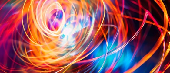 An explosion of colorful light trails forms into a captivating abstract scene, with vivid spirals and glowing hues lighting up the dark.