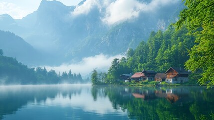 Fototapeta premium A picturesque alpine lake nestled amidst lush green forests and majestic mountains, shrouded in morning mist, creating a serene and tranquil scene.