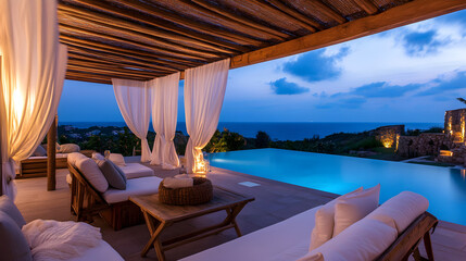 An elegant outdoor seating area features plush sofas, ambient lighting, and a stunning ocean view under a wooden pergola at twilight
