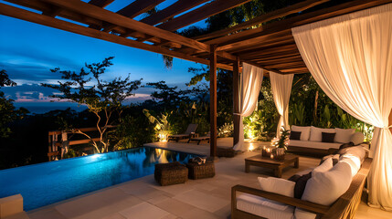Elegant outdoor seating area features a wooden pergola, cozy furnishings, and a serene pool surrounded by lush greenery under a twilight sky