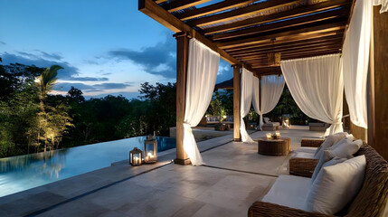 Elegant outdoor seating area features a wooden pergola draped with curtains, cozy seating, and a peaceful poolside view against a serene twilight sky
