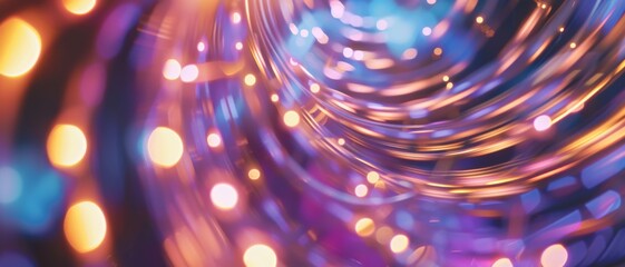 A swirl of purple and orange lights creates a hypnotic, vibrant abstract pattern that radiates energy and motion.