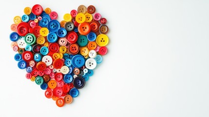 Close-up of colorful plastic buttons in a heart shape, standing out against the clean white background.
