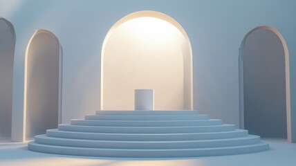 Minimalist Circular Platform with Arched Openings and Soft Lighting