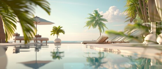Fototapeta premium A serene oceanfront paradise with loungers and lush palms basking under a bright, sunlit sky reflects pure relaxation.